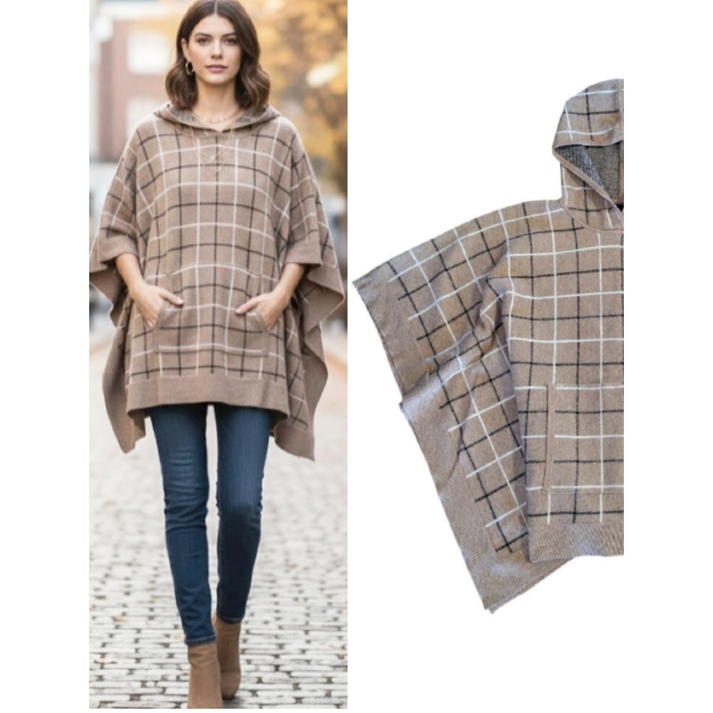 Tahari Beige Plaid Hooded Knit Poncho Cape with Kangaroo Pocket OS Boho Chic